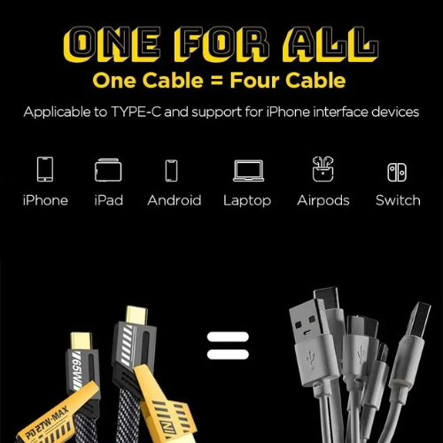60W Fast Charging 4‑in‑1 Multi USB PD Data Cable — 1000 mm Length (Type‑C to C / USB‑C / Lightning / USB‑A)