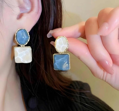 Elegant Blue And White Resin Statement Earrings Timeless Design With A Modern Twist