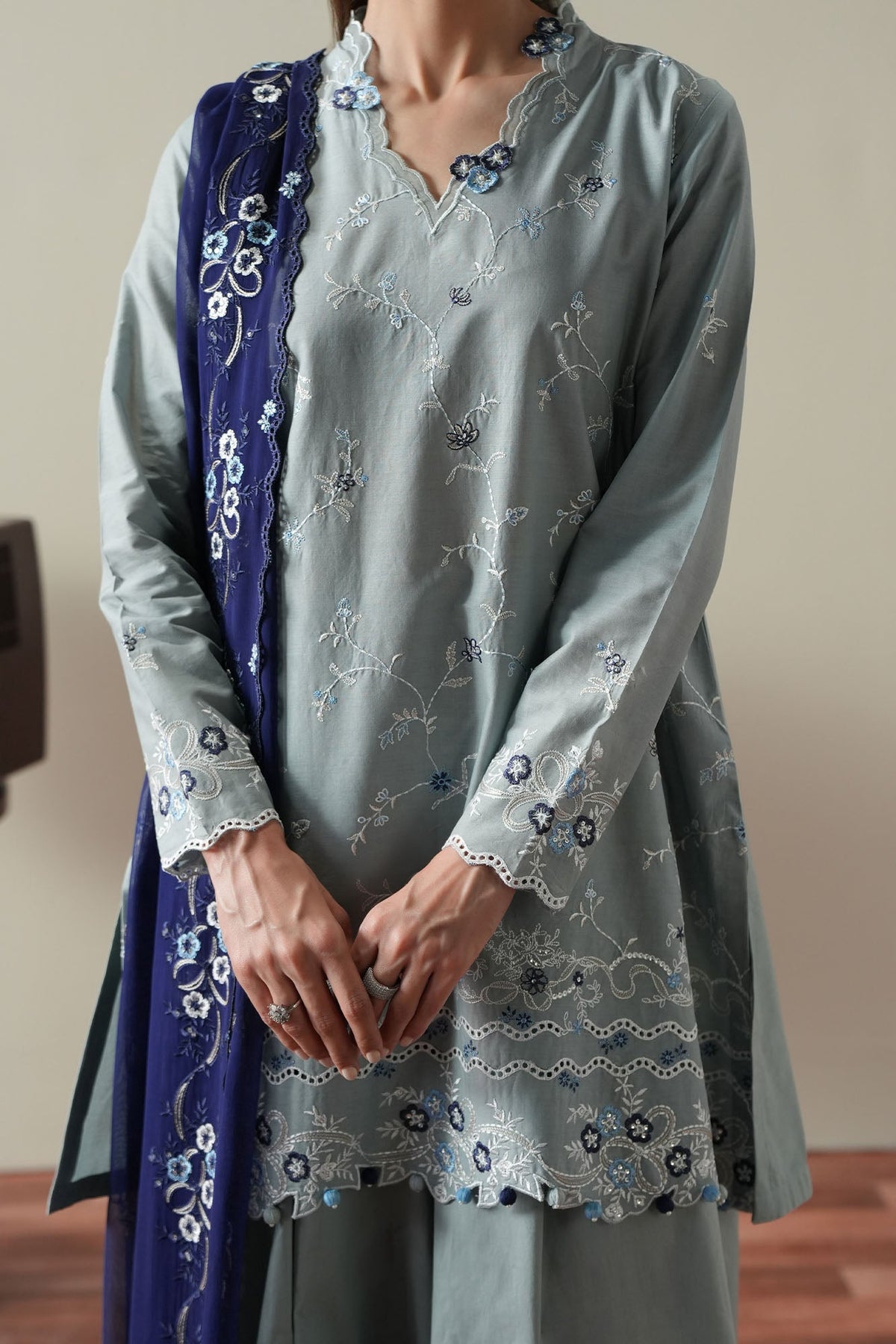 AQUA SMOKE-3PC EMBROIDERED SUIT